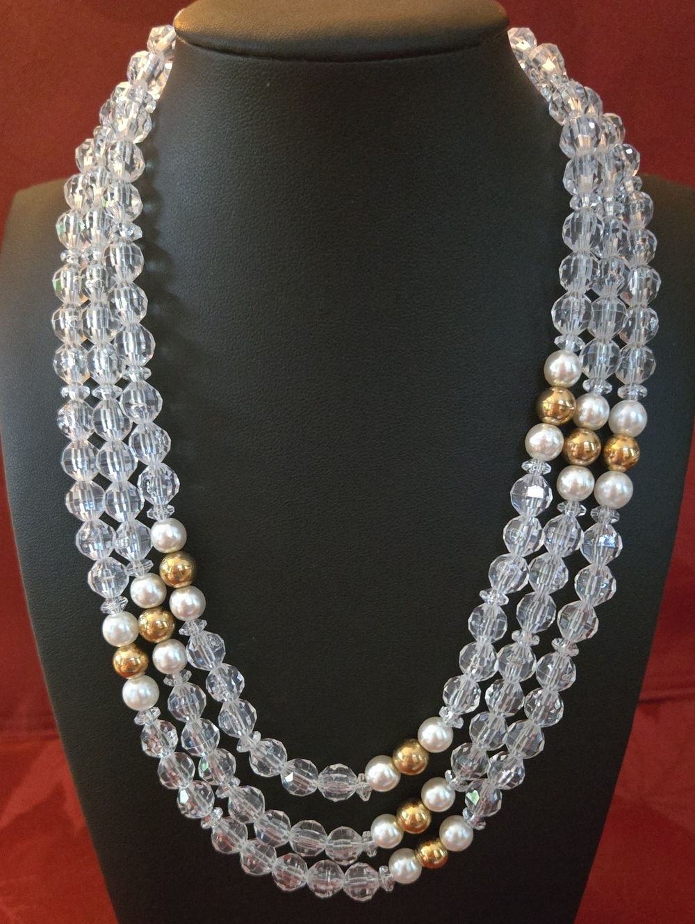Multi-Strand Clear Crystal and Gold Pearl Necklace - Women Jewelry
